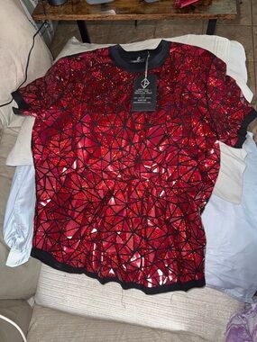 Red Geometric Sequin Short Sleeve Tee